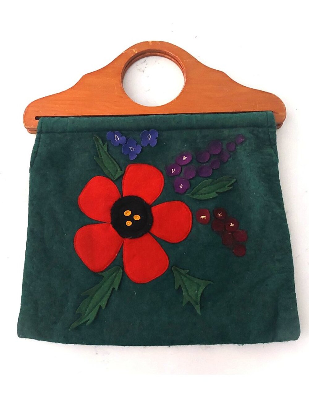 Vintage 60s 70s Felt Flower Appliqué Purse Folk Art Boho Handbag Wood Frame
